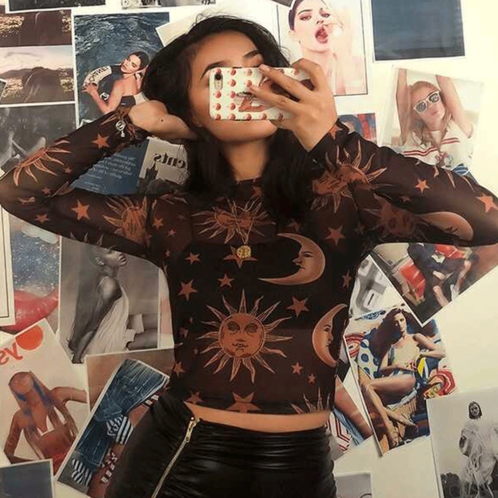 Sheer Black Top NEW Boho Sun Moon Stars Design - Picture 2 of 10